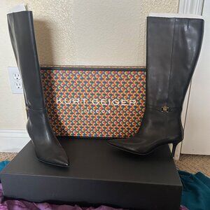 Kurt Geiger London Black Leather Knee High Boots - Pointed Toe, Gold Zip